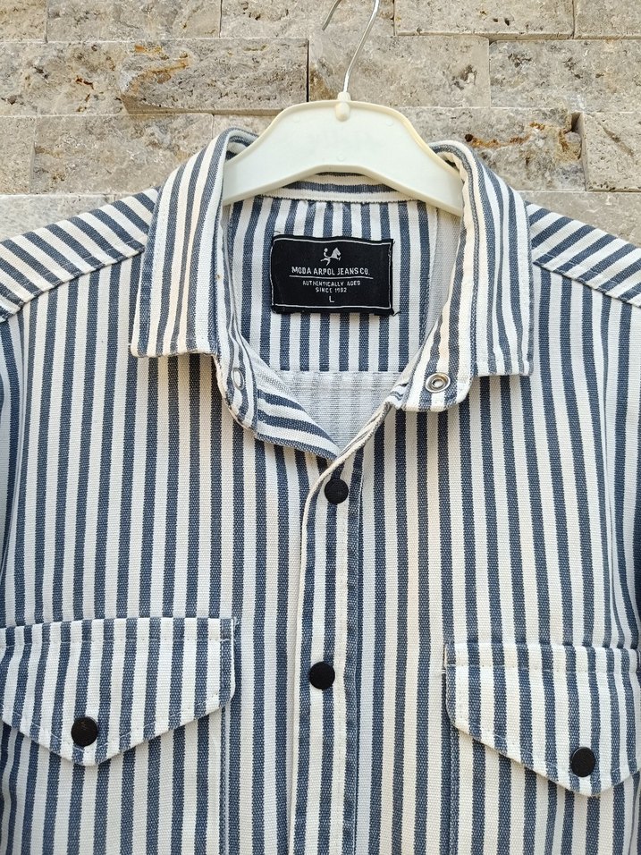 Erkek Gri Beyaz Çizgili Denim Gömlek - Görsel 4