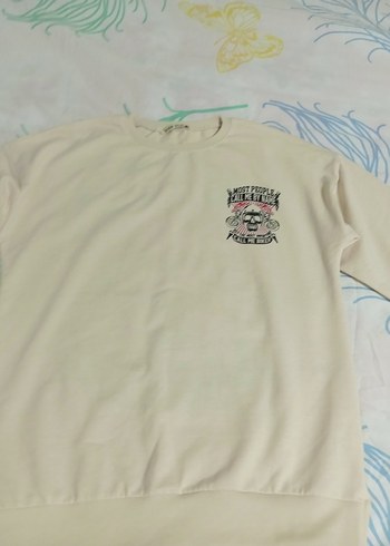 Beyaz Baskılı Pamuklu Uzun Kollu Sweatshirt