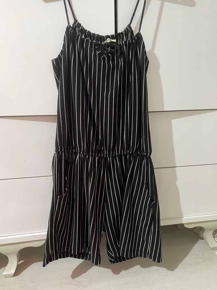 Siyah Beyaz Çizgili Kadın Tulum - Görsel 2