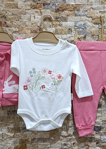 %100 Pamuk 3lü Tavşanlı Bebek Takımı  0-12 Ay - Görsel 2