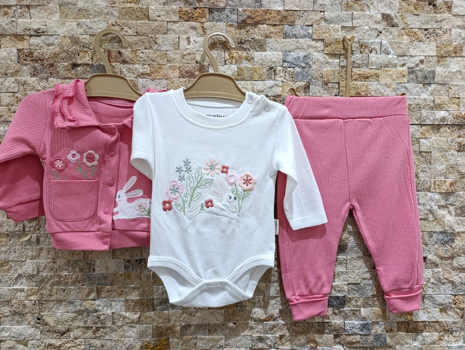 %100 Pamuk 3lü Tavşanlı Bebek Takımı  0-12 Ay - Görsel 2