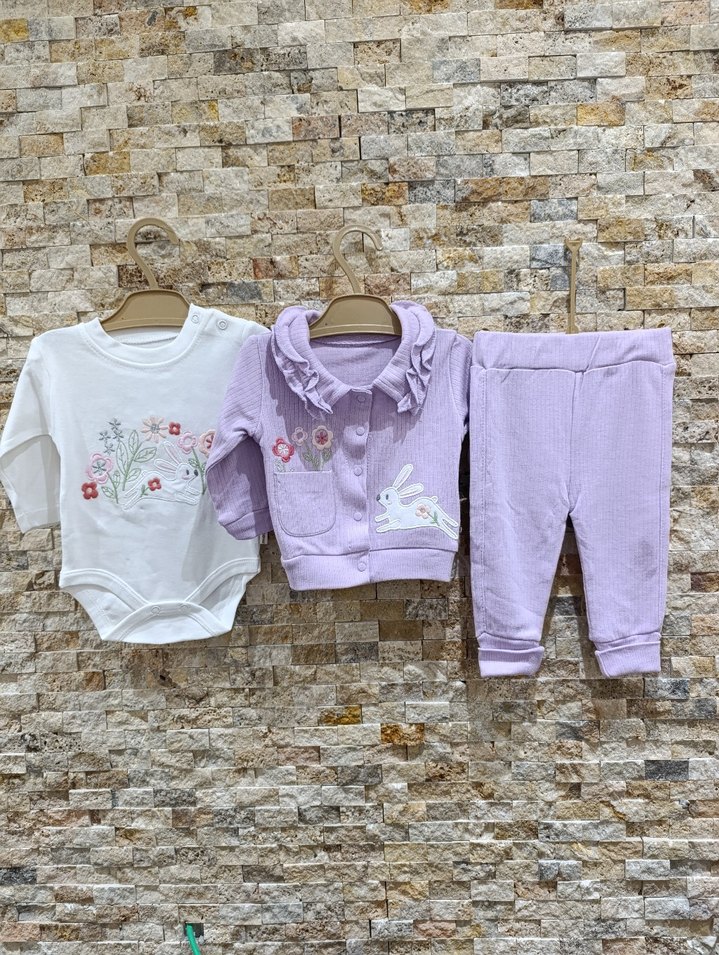 0-12 Ay Lila Tavşanlı 3lü Takim  %100 Pamuk  Yeni & Etiketli - Görsel 2