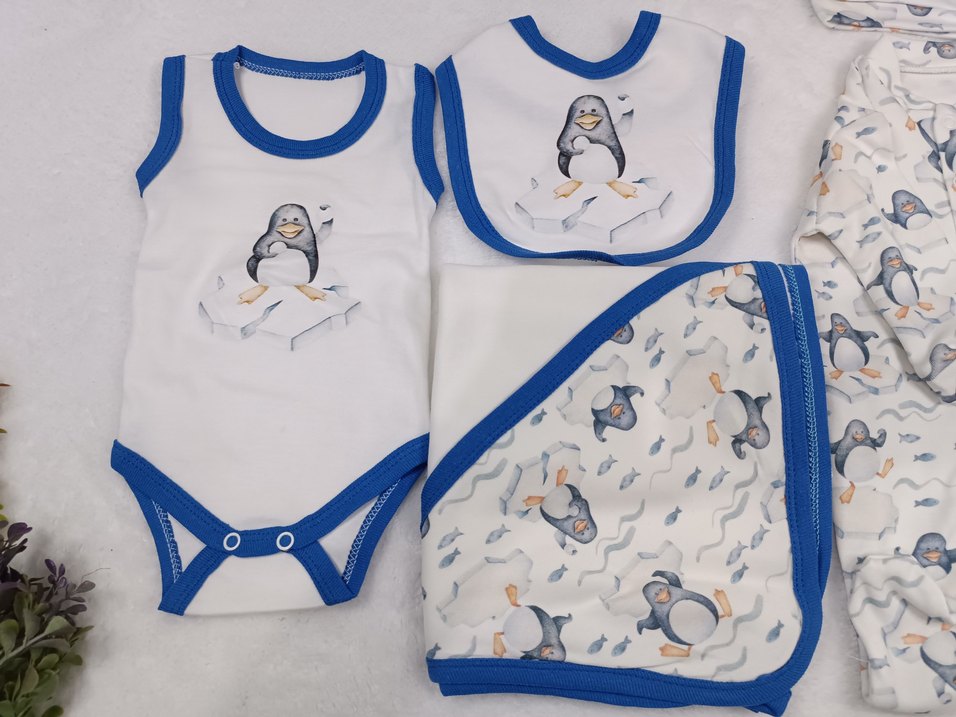 Penguen Desenli 5li Hastane Çıkışı ve Bebek Seti  %100 Pamuk - Görsel 2