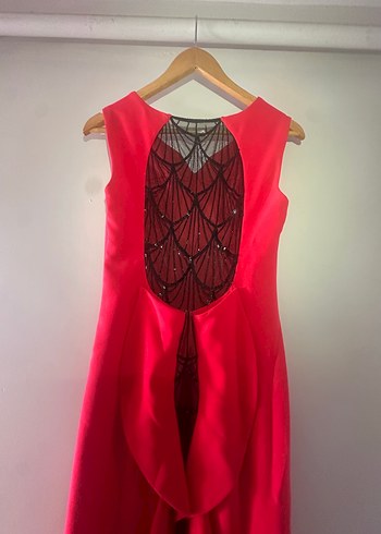 Kırmızı Drapeli V Yakalı Uzun Abiye Elbise - Görsel 3