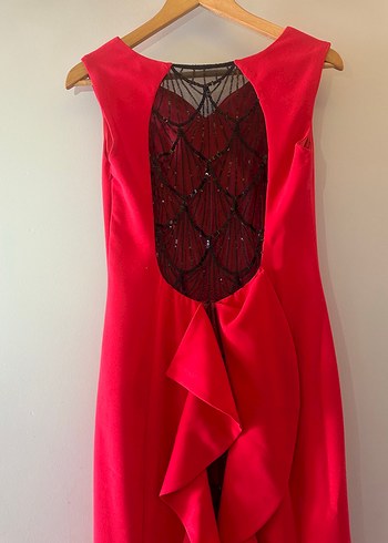 Kırmızı Drapeli V Yakalı Uzun Abiye Elbise - Görsel 4