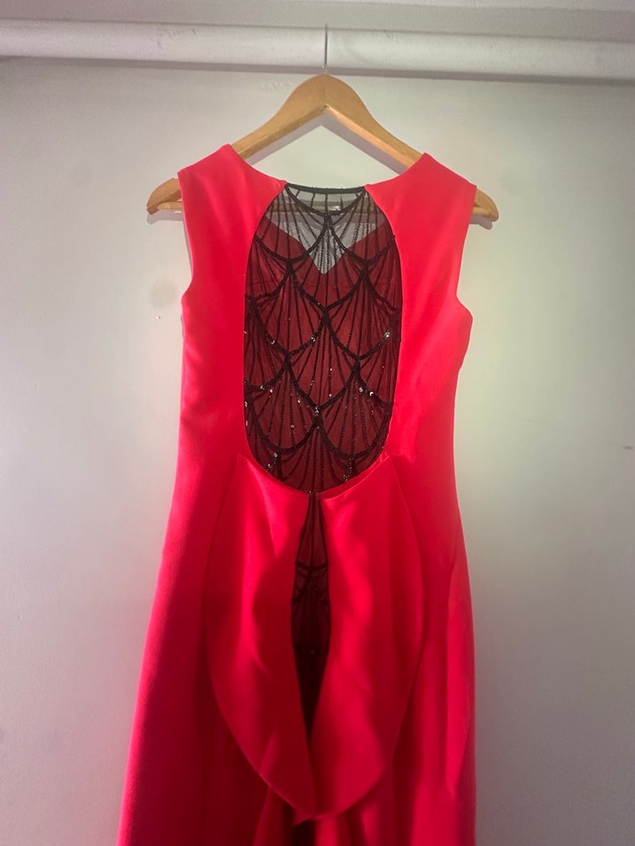 Kırmızı Drapeli V Yakalı Uzun Abiye Elbise - Görsel 3