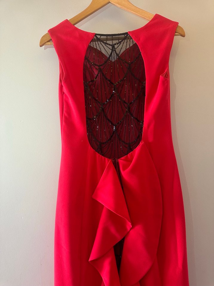 Kırmızı Drapeli V Yakalı Uzun Abiye Elbise - Görsel 4