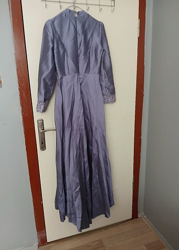 38 Beden gri Renk Nakışlı Gri Uzun Kollu Vintage Abiye Elbise