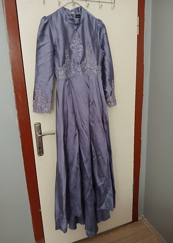 Nakışlı Gri Uzun Kollu Vintage Abiye Elbise