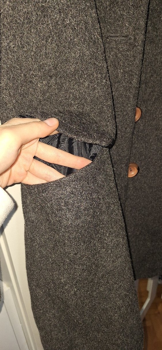 Kadın Siyah Yün, Düğmeli Uzun Kaban - Görsel 2