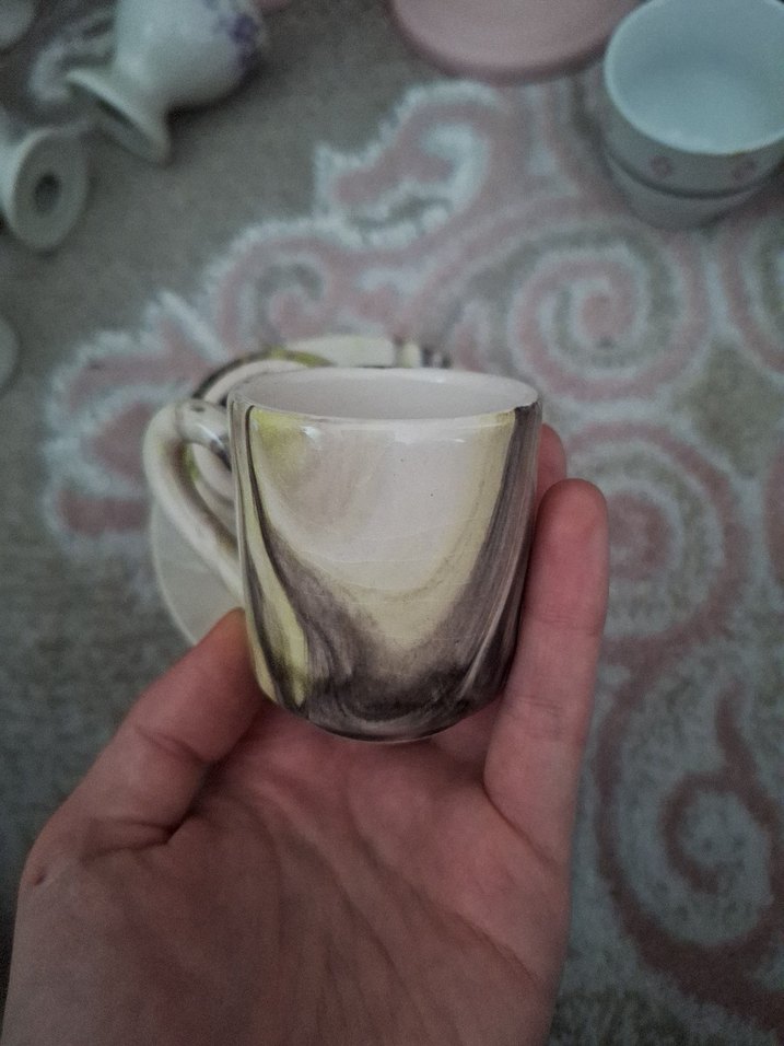 Gri ve Haki Mermer Desenli 2'li Seramik Fincan Takımı - Görsel 2