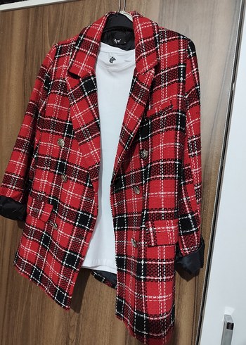 Diğer Kırmızı Ekose Mini Kadın Blazer Ceket