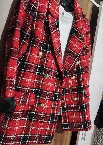 Kırmızı Ekose Mini Kadın Blazer Ceket