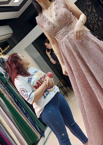 Pembe Simli V Yaka Midi Abiye Elbise