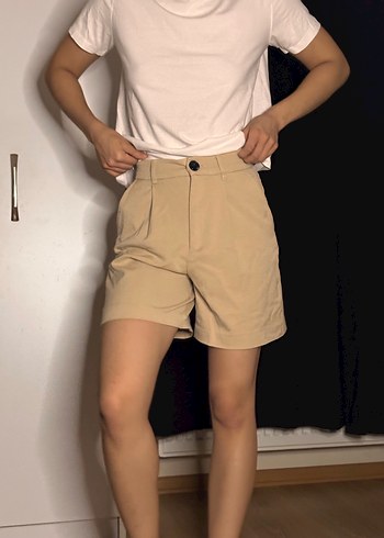 Bej Pamuklu Salaş Midi Şort - Görsel 2