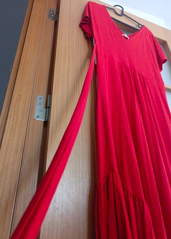 Kırmızı V Yaka Salaş Günlük Elbise - Görsel 5