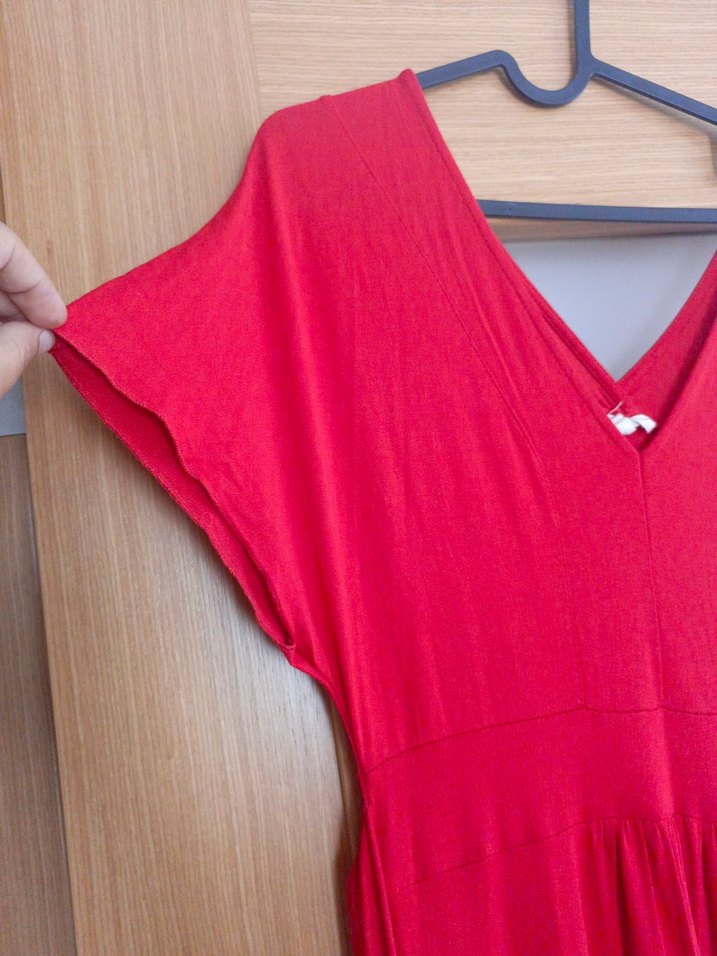 Kırmızı V Yaka Salaş Günlük Elbise - Görsel 2