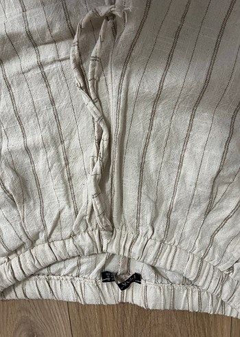 Bej Çizgili Kadın Keten Pantolon - Görsel 2