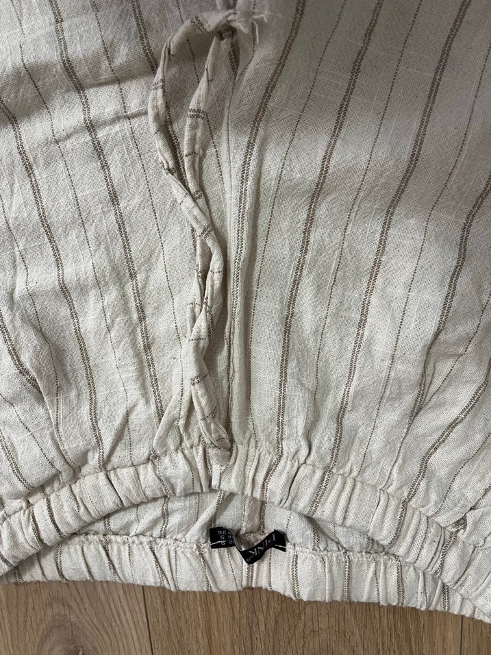 Bej Çizgili Kadın Keten Pantolon - Görsel 2