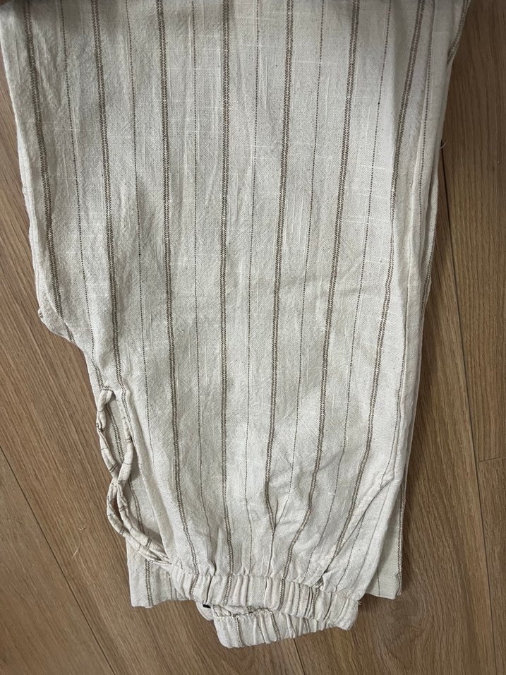 Bej Çizgili Kadın Keten Pantolon - Görsel 3