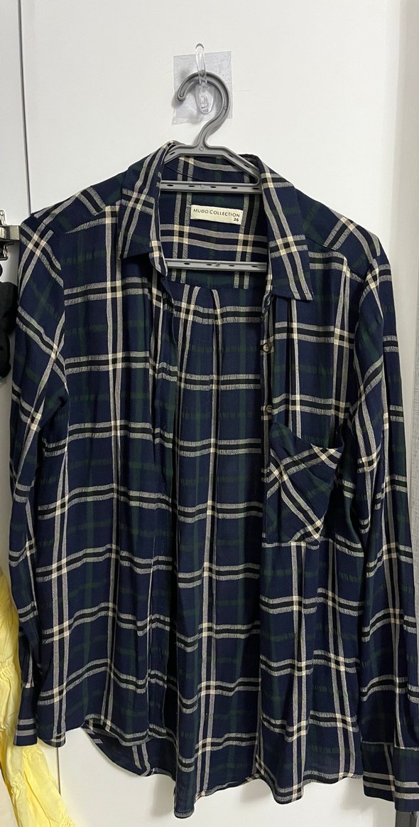 Kadın Lacivert Kareli Pamuklu Gömlek - Görsel 4