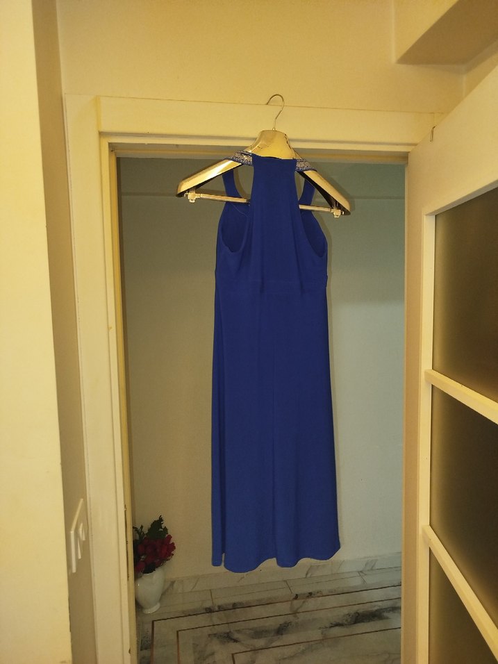 Mavi Uzun Drapeli Kısa Abiye Elbise - Görsel 3