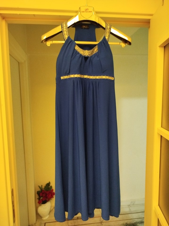 Mavi Uzun Drapeli Kısa Abiye Elbise - Görsel 2