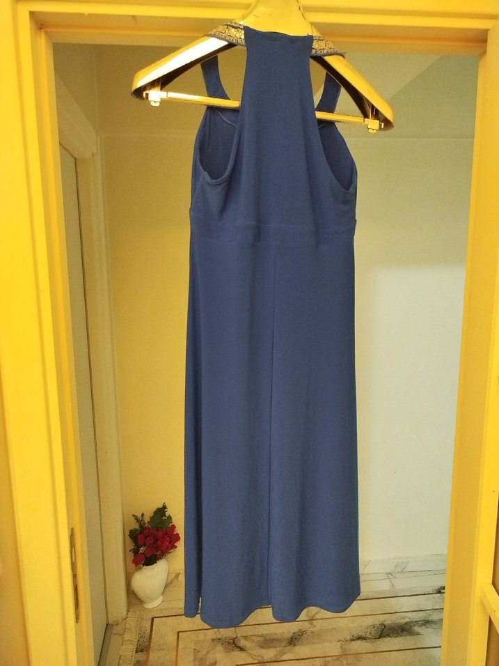 Mavi Uzun Drapeli Kısa Abiye Elbise - Görsel 4