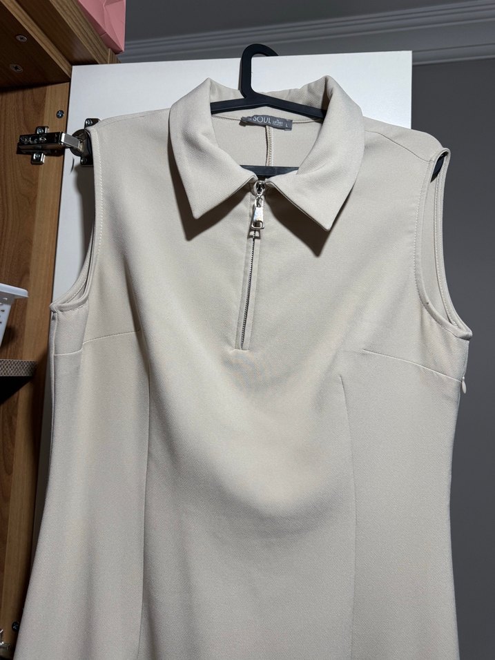 Bej, Fermuarlı, Uzun, Kolsuz Elbise - Görsel 2