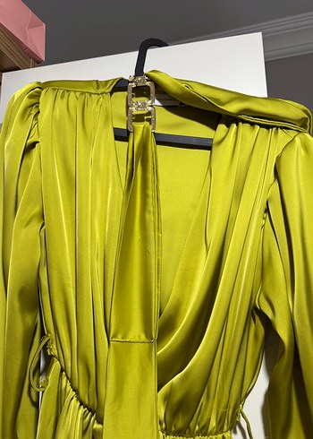 Sarı Drapeli Uzun Kadın Elbise - Görsel 5