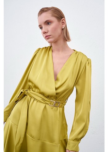 Sarı Drapeli Uzun Kadın Elbise - Görsel 3