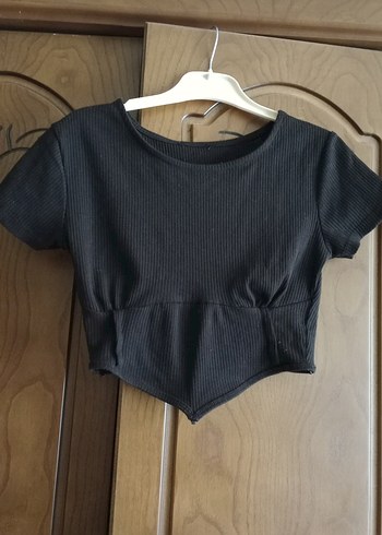 s Beden Kadın Siyah Kısa Kollu Crop bluz