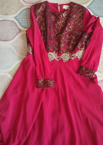 46 Beden bordo Renk Bordo Uzun Kollu Nakışlı Kadın Abiye Elbise