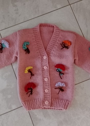 Kız Çocuk Pembe karanfilli Örgü Hırka - Görsel 2