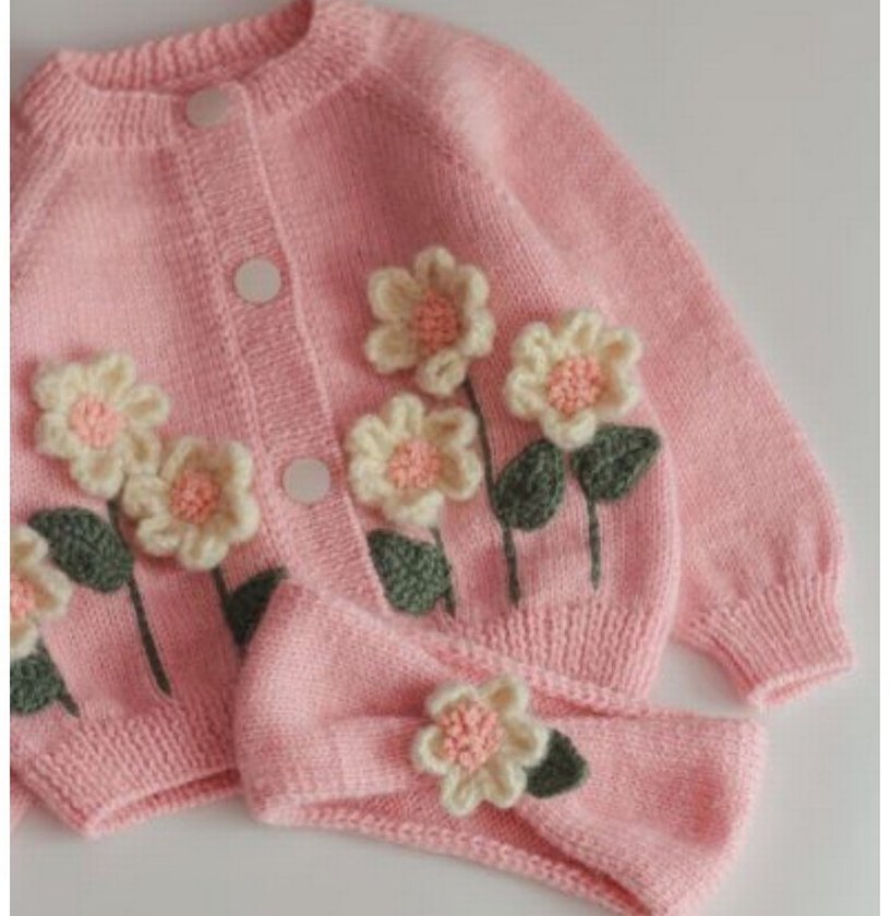 Pembe Nakışlı Örgü Kız Hırka - Görsel 2