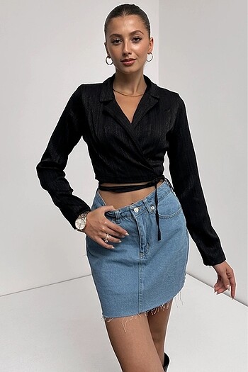 Kadın Beli Bağlamalı Crop Bluz Siyah