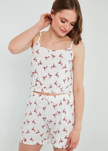 Beyaz Flamingo Desenli Mini Askılı Kadın Pijama Takımı