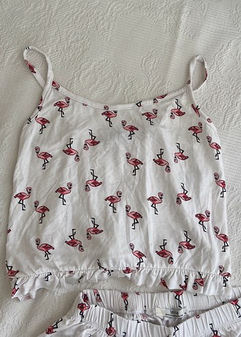 xl Beden Beyaz Flamingo Desenli Mini Askılı Kadın Pijama Takımı