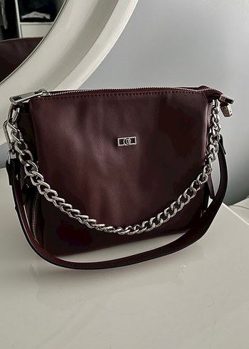 Beden bordo Renk Bordo Zincir Detaylı Deri Kadın Çanta