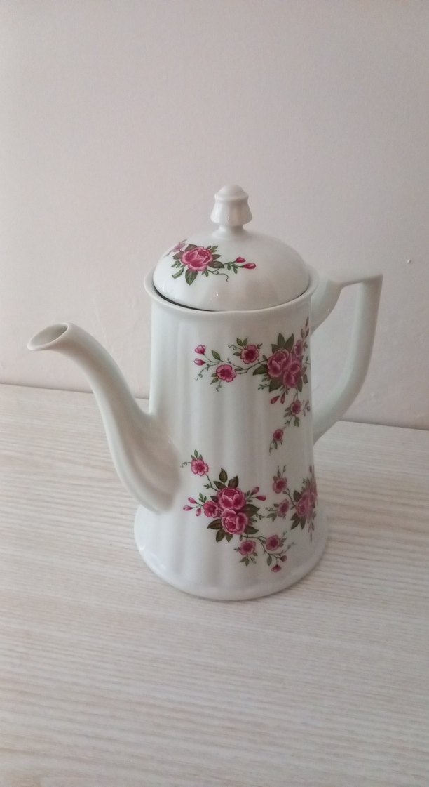 Çiçek Desenli Beyaz Porselen Demlik Yağdanlık  sürahi - Görsel 2