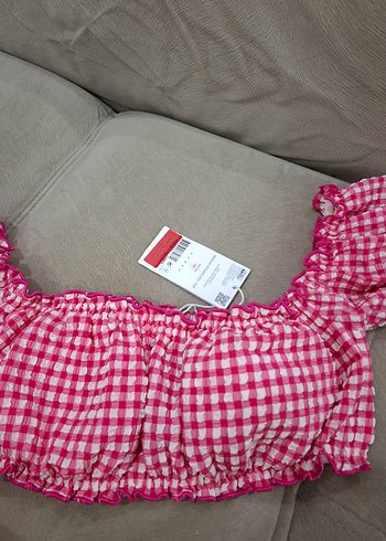 Pembe Kareli Fırfırlı Mini Bikini üstü