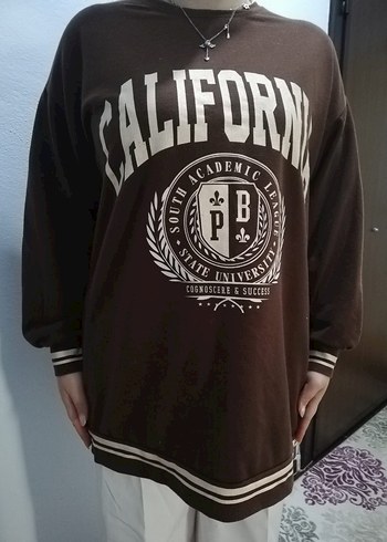 universal Beden Kadın Kahverengi Baskılı Uzun Kollu Sweatshirt
