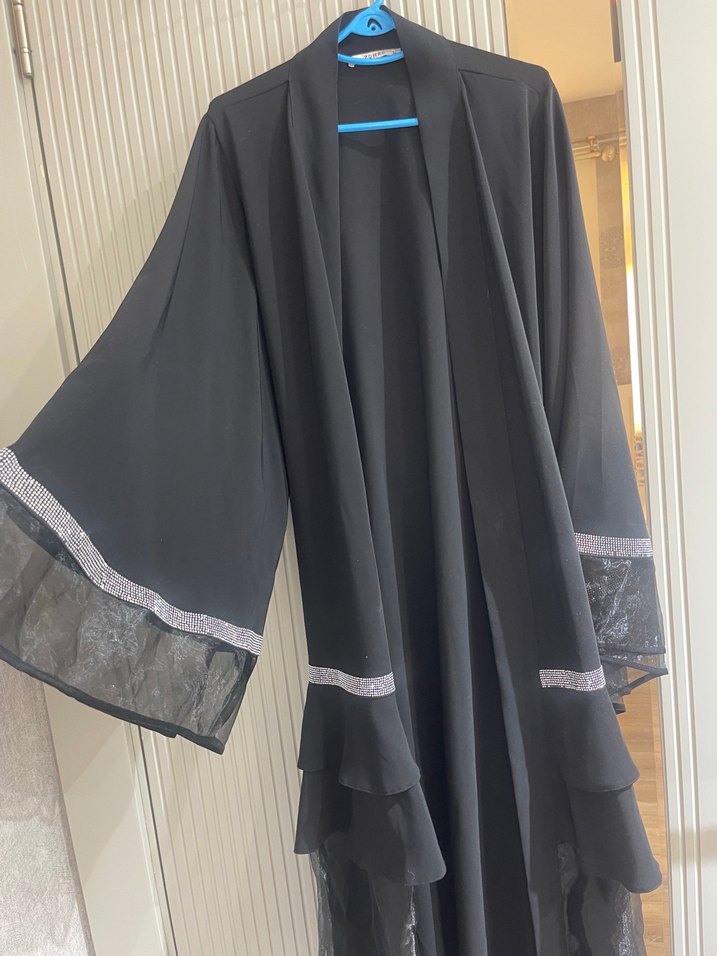 Nakışlı Siyah Uzun Kollu Uzun Elbise abaya boncuklarında dökülme - Görsel 3