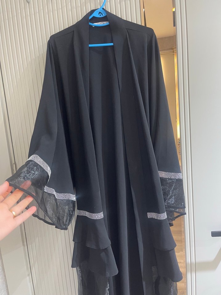 Nakışlı Siyah Uzun Kollu Uzun Elbise abaya boncuklarında dökülme - Görsel 2