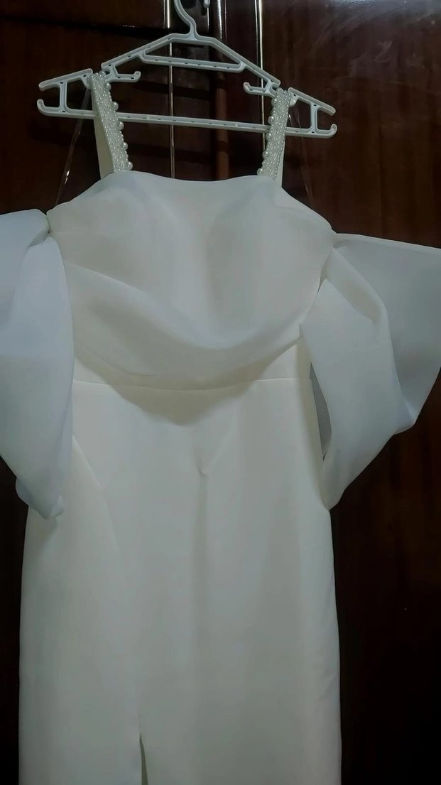 Beyaz Drapeli Straplez Uzun Kadın Abiye - Görsel 3