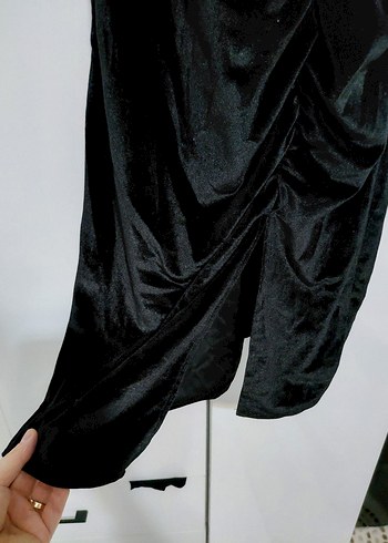 Siyah Straplez Drapeli Midi Elbise - Görsel 5