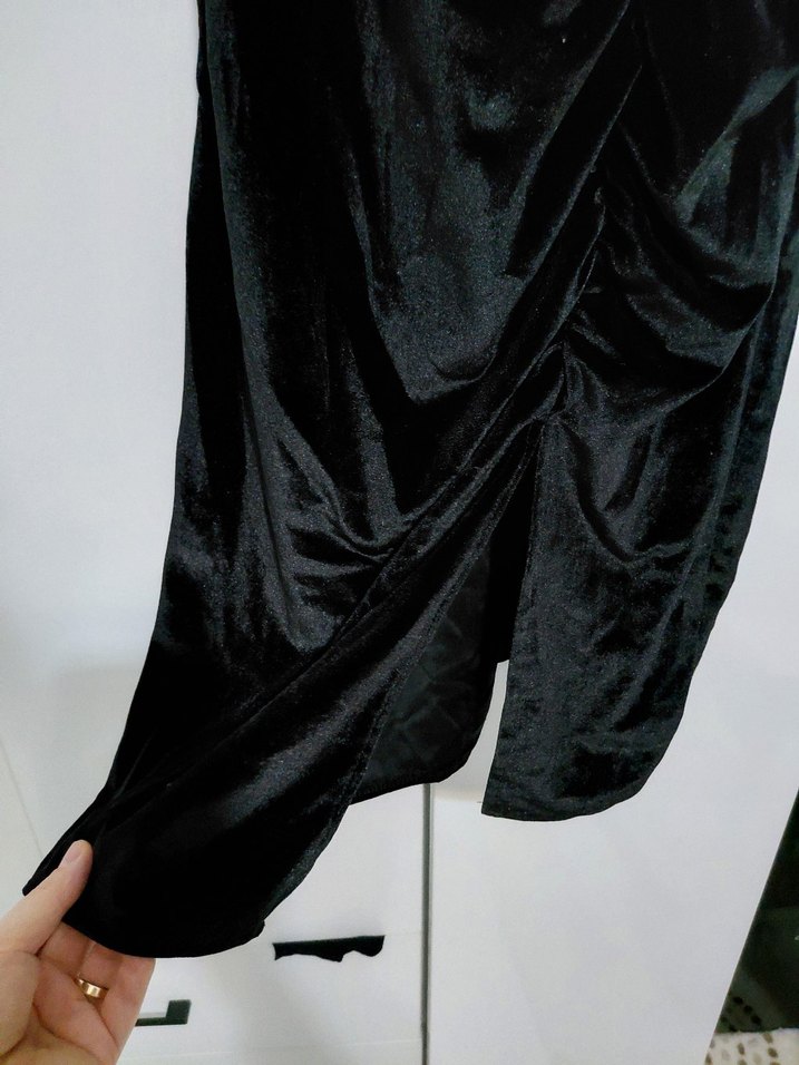 Siyah Straplez Drapeli Midi Elbise - Görsel 5