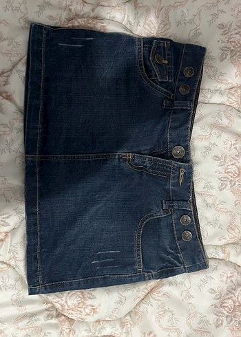 Düğmeli Koyu Mavi Denim Mini Etek
