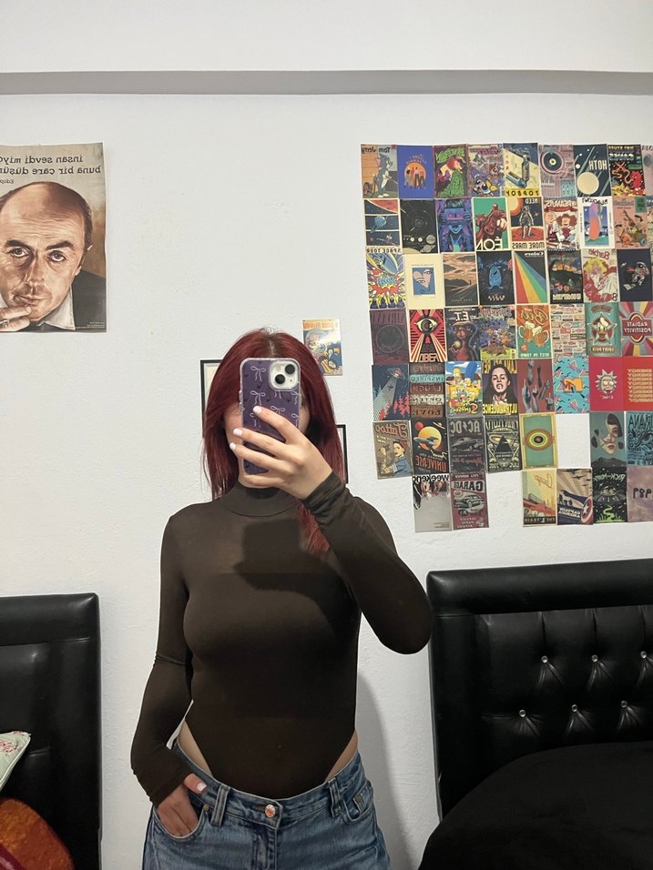 Kahverengi Yüksek Yakalı Kadın transparan bluz - Görsel 4