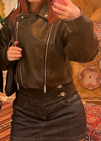 Siyah Deri Halter Yaka Buckle Detaylı Ceket - Görsel 2